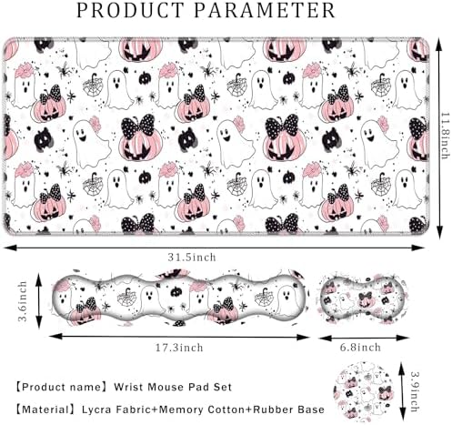 Keyboard Wrist Rest Set,Memory Foam Wrist Support Mouse Pad,31.5"x11.8" Desk Mat for Comfortable Typing & Pain Relief,Non-Slip Base for Office & Home Use - Cute Ghost Skull Pumpkin - Image 2