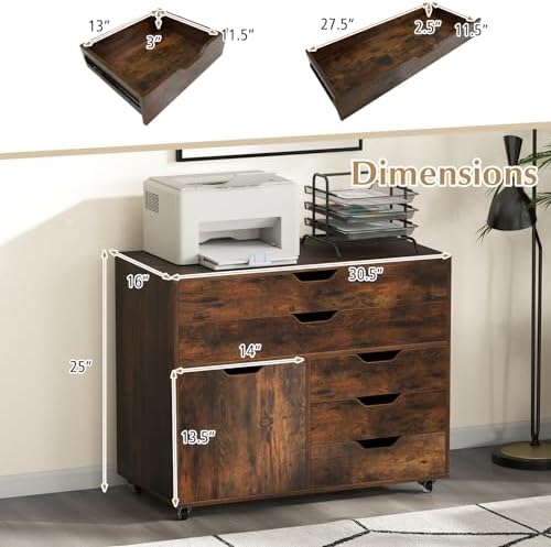 GOFLAME 5-Drawer Mobile File Cabinet, Rolling Lateral Filing Cabinet with Drawers and Storage Compartment, Modern Printer Stand with Wheels for Living Room, Study, Home Office, Rustic Brown - Image 3