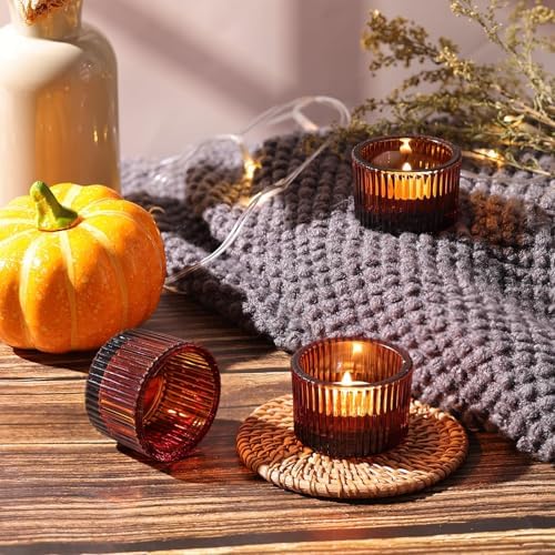 HAVITI 96 Pack Amber Tealight Candle Holders, Glass Votive Candle Holders Fall Decorations for Home Table Fall Wedding Centerpieces, Party Supplies and Vintage Decor - Image 6