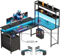 L Shaped Gaming Desk, Reversible with LED Lights, Shelves, Charging, Black by Maihail