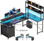 L Shaped Gaming Desk, Reversible with LED Lights, Shelves, Charging, Black by Maihail