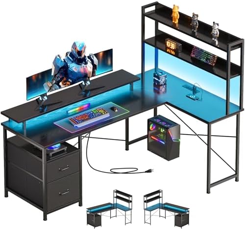 L Shaped Gaming Desk, Reversible with LED Lights, Shelves, Charging, Black by Maihail