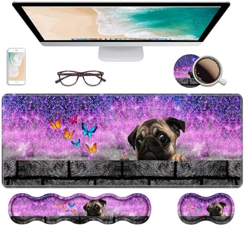 Ergonomic Keyboard Wrist Rest & Mouse Pad Wrist Rest Set, Large XXL Gaming Desk Mat 31.5"x 11.8" with Non-Slip Base, Memory Foam, Easy Typing Pain Relief for Home & Office, Cute Pug and Butterfly by Unknown