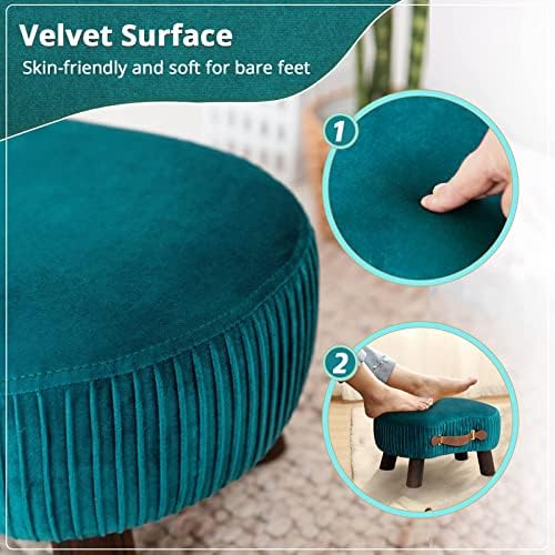 LUE BONA Small Curved Foot Stool with Handle, Teal Velvet Footstool and Ottomans, Modern Foot Rest with Wooden Legs, Step Stool with Padded Seat for Couch, Living Room - Image 5