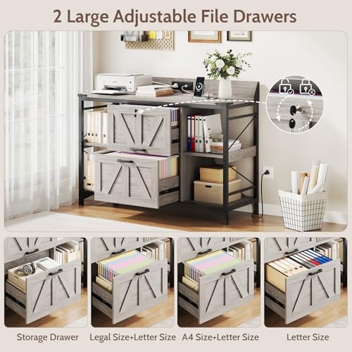 44" File Cabinet, Lateral Filing Cabinet for Home Office with 2 Drawers, Office Storage Cabinet with Lock and Key, Wooden Printer Stand with 4 Storage Shelves and Power Outlets, Office Furniture, Grey - Image 3