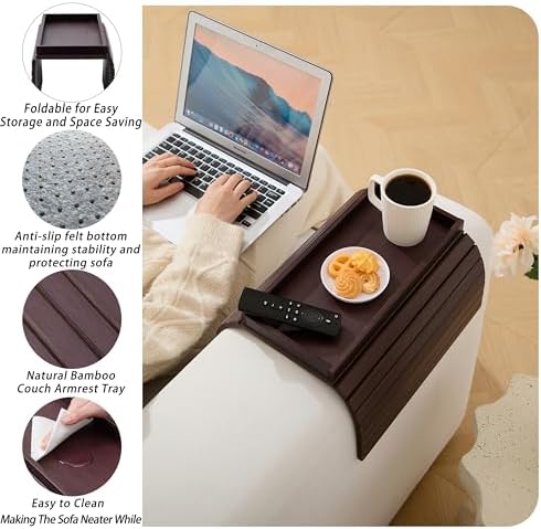 Bamboo Couch Arm Tray Table，Foldable Sofa Armrest Tray Table for Couch，Flexible and Anti-Slip Couch Arm Cup Holder，Portable Sofa Arm Chair Table for Drink,Cups, Eats，Snacks, Phone, Remote - Image 6
