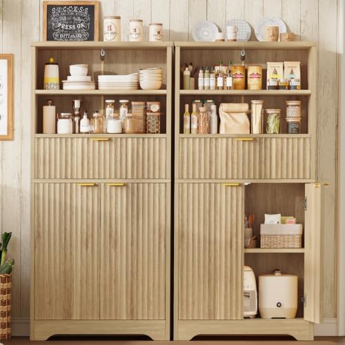 TEENFON Tall Storage Cabinet with Adjustable Shelf & Drawer, Fluted Cabinet with Doors, Kitchen Pantry Cabinets, Bathroom Storage Cabinets, for Living Room, Entryway, Home Office, Natural - Image 4