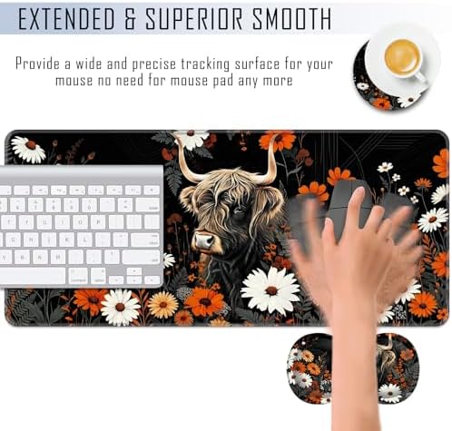 TGFEWYTJYJ Extended Gaming Mouse Pad,Memory Foam Ergonomic Keyboard Mouse Wrist Rest Support Set,Large Desk Mat with Stitched Edges,Non-Slip Base Mousepad Home Office,Highland Cow and Flower - Image 4