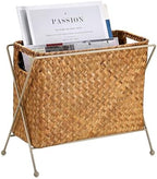 BTSKY Handwoven Magazine Holder, Natural Seagrass Magazine Basket with Metal Rack, Mail Holder Floor Organizer for Office, Living Room, Dorm, Bathroom, Woven Rattan File Basket with Handle(Caramel) by BTSKY