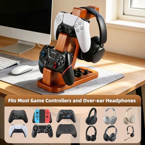 DEQIANG Solid Wood Headphone Stand with Dual Controller Holder (Set) - Image 7