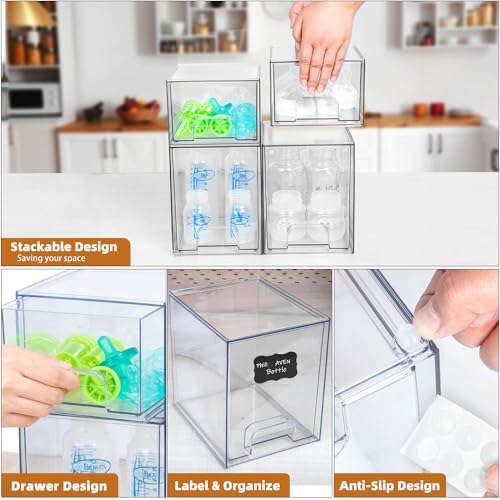 Baby Bottle Organizer, Stackable Storage Drawers with Label, Clear Station Organizers Container for Pacifiers, Pump Parts, Desk Organizer Bins for Bathroom, Cabinet, Pantry, Vanity, Countertop, 4 Pack - Image 7