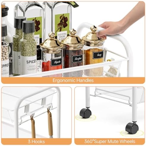 TOOLF 5 Tier Rolling Cart, Metal Utility Storage Cart with Wheels, White - Image 4