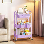 KINGRACK 3 Tier Metal Rolling Cart with Drawer, Purple Utility Storage Cart - Image 2