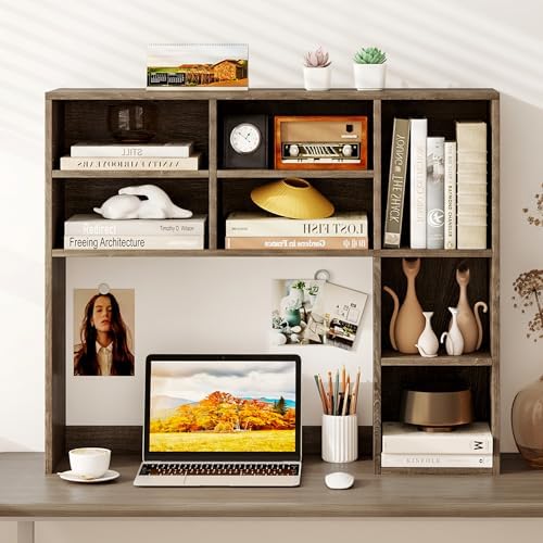 Tangkula Desktop Bookshelf, 37" Countertop Storage Hutch with 7 Cubes & 3 Adjustable Shelves, 3-Tier Desk Display Rack Organizer, Multipurpose Wood Desktop Hutch for Dorm Home Office (Grey) - Image 5