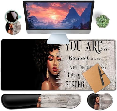 Large Gaming Mouse Pad+ Keyboard Wrist Rest Set, Ergonomics Memory Foam Mouse Mat Wrist Rest Support, Waterproof Extended Mousepad 31.5x11.8in, African American Women Black Girl Black Desk Pad by YVBHCGGGF