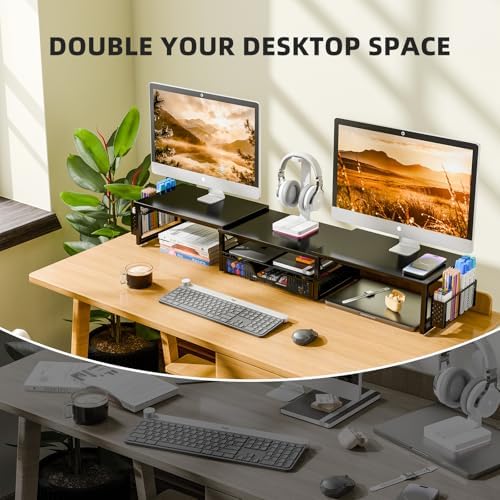 Simple Trending Dual Monitor Stand with Drawer and 2 Pen Holders, Black - Image 4