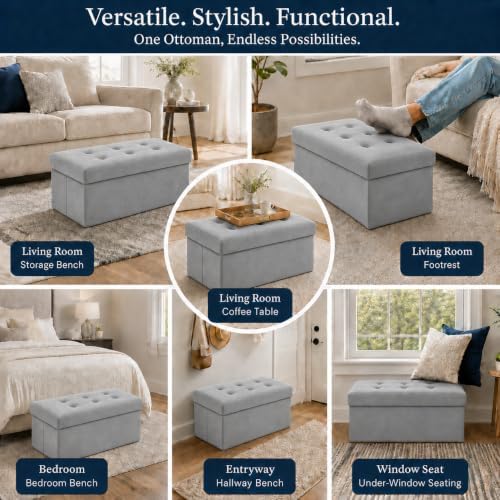 ALASDO 30 Inch Folding Storage Ottoman Bench with Hidden Storage, Velvet Storage Ottoman Foot Rest Stool, End of Bed Bench for Bedroom, Living Room, Entryway and Closet, Dark Gray - Image 6