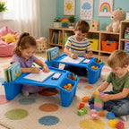 Basicwise 2-Pack Blue Activity Desk Tables with Cup Holders & Storage - Image 4
