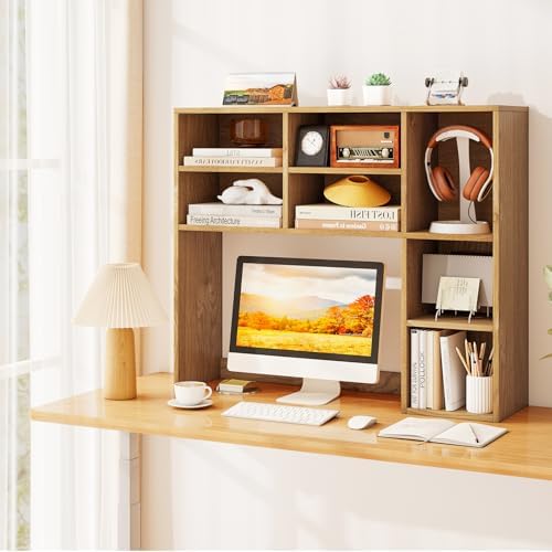 DREAMADE Desk Hutch, 37 Inch Wooden Desktop Bookshelf with 7 Cubes, Natural - Image 2