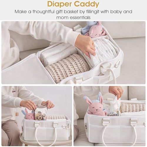 Portable Diaper Caddy, Large 17.1L Nursery Storage Basket with Handle, Baby Essentials Organizer for Changing Table, Travel Use, Light Beige - Image 3