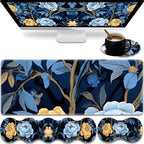 31.5"x 11.8" Oversized Gaming Mouse Pad Set, Ergonomic Keyboard and Mouse Wrist Rest + Cup Holder, Non-Slip Desktop Pad, Suitable for Home and Office Use, Blue Peony by FOKBVNFLL