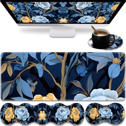 31.5"x 11.8" Oversized Gaming Mouse Pad Set, Ergonomic Keyboard and Mouse Wrist Rest + Cup Holder, Non-Slip Desktop Pad, Suitable for Home and Office Use, Blue Peony by FOKBVNFLL