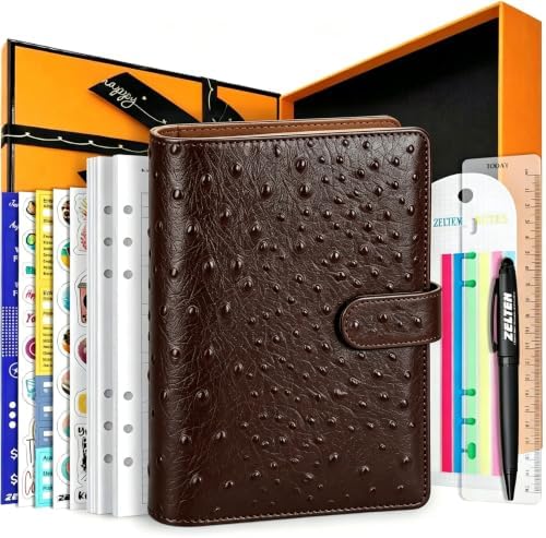 PU Leather Personal Notebook Planner with 80 Pages Loose-Leaf Papers 6 Holes Ring Binder Pen Holder Magnetic Buckle(Dark Brown Faux Ostrich Leather, A5 Gift Box) by Zelten