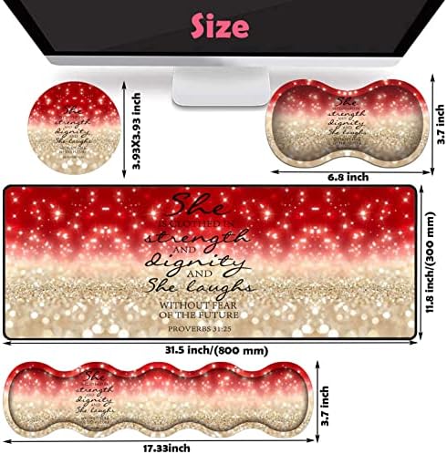 Large Gaming Mouse Pad, Keyboard Wrist Rest + Mouse Wrist Pad + Coaster Combination Set, Memory Sponge Non-Slip Base. Suitable for Office and Home, Red Glitter Quote Proverbs 31-25 - Image 6