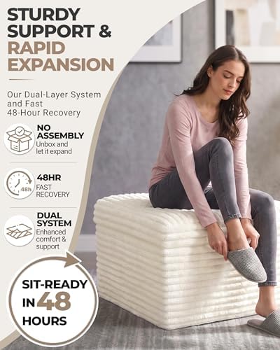 23.6in Pouf Ottoman, Corduroy Footstool Foot Rest Seating, Beige - Image 6