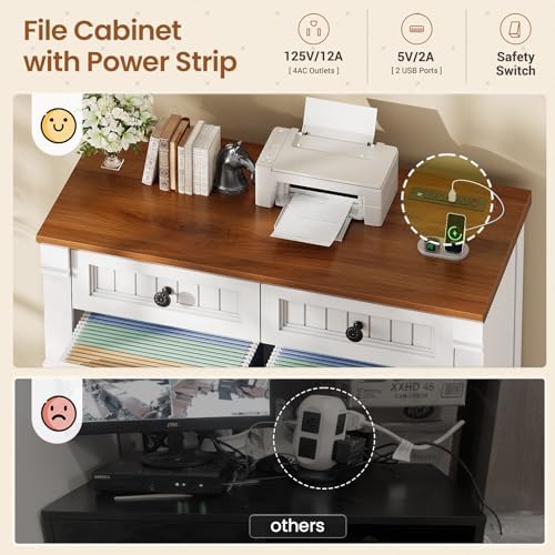 SEDETA 4 Drawers File Cabinet, 33" Farmhouse Filing Cabinets for Home Office fit Legal/Letter/A4 File, Wood Office File Cabinet with Power Outlets, Printer Stand with Storage, White+Brown - Image 6