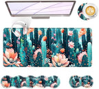 Large Keyboard Mouse Pad Set, Extended Mouse Pad+Keyboard Wrist Rest Support, Memory Foam Ergonomic Easy Typing, 4Pcs (31.5×11.8 in) Desk Pad Set for Office Home,Cute Cactus Blooming Flowers by Unknown