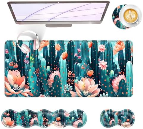 Large Keyboard Mouse Pad Set, Extended Mouse Pad+Keyboard Wrist Rest Support, Memory Foam Ergonomic Easy Typing, 4Pcs (31.5×11.8 in) Desk Pad Set for Office Home,Cute Cactus Blooming Flowers by Unknown