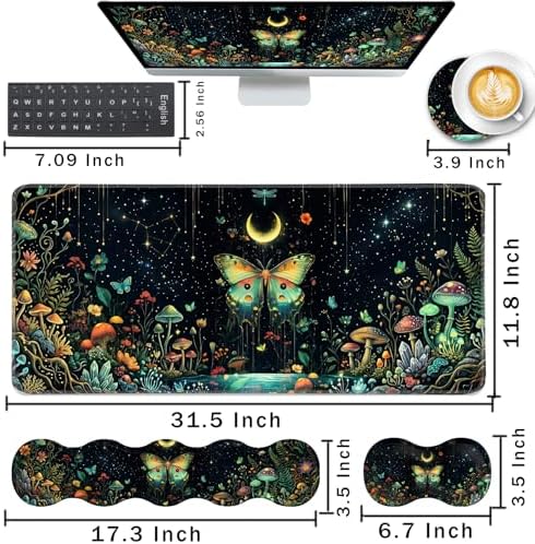Keyboard Wrist Rest and Mouse Pad with Wrist Support Set Ergonomic Coaster,Memory Foam,Easy Typing Pain Relief,Large XL Desk Mat 31.5"x 11.8",Butterfly Moon - Image 2