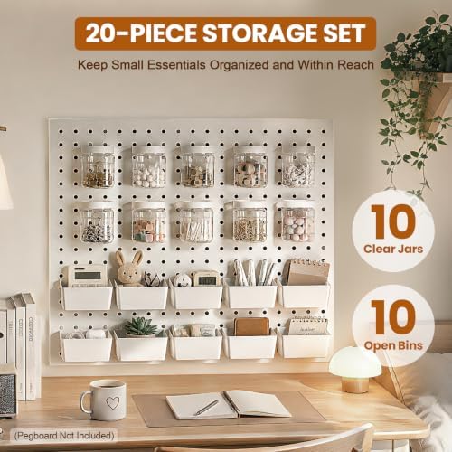 20PCS Pegboard Organizer Accessories, 10 Clear PET Jars with Lids & 10 Open ABS Bins, Fits 1/8” & 1/4” Pegboards, Wall Organizer Set for Garage, Workshop, Craft Room, Office & Home - Image 2
