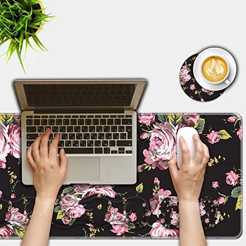 Mouse Pad Set,(31.5×11.8 in) Desk Pad + Keyboard Wrist Rest Support + Mouse Wrist Rest + Coaster for Office,Home,Computer,Laptop - 4 Rose Flower - Image 2