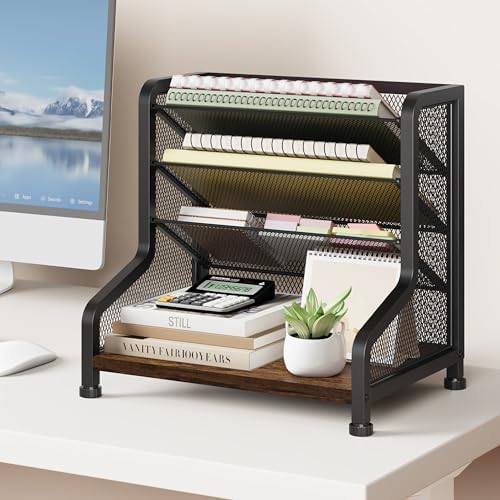 SWTYMIKI Paper Organizer, Mesh and Wood Desk Office Organizer, Office Organization and Binder Storage for Workspace, Home, School, Espresso - Image 2