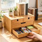 DEAYOU Bamboo Desk Organizer, 100% Natural Bamboo Desktop Drawer Organizer, Tabletop Storage Cabinet Organization Box with 4 Drawers for Makeup, Letter, Home Office Supplies, 3-Layer, Fully Assembled - Image 6