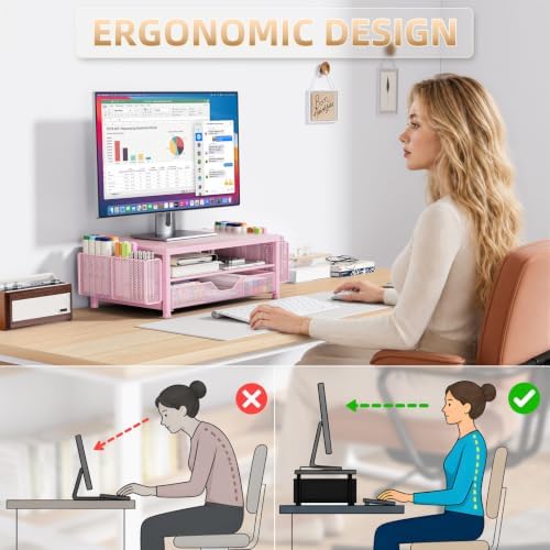 Monitor Stand Riser with Mesh Drawer and 2 Side Pen Holders, Pink Metal Top - Image 4