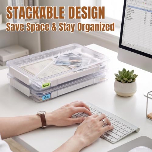 Clear Document Box, Portable A4 Paper Storage Organizer with Snap Latches, Stackable File Case for Certificates Photos Letter Size, Magazine Protector, 14.37" x 9.44" x 1.37" (2 Pack), White - Image 5