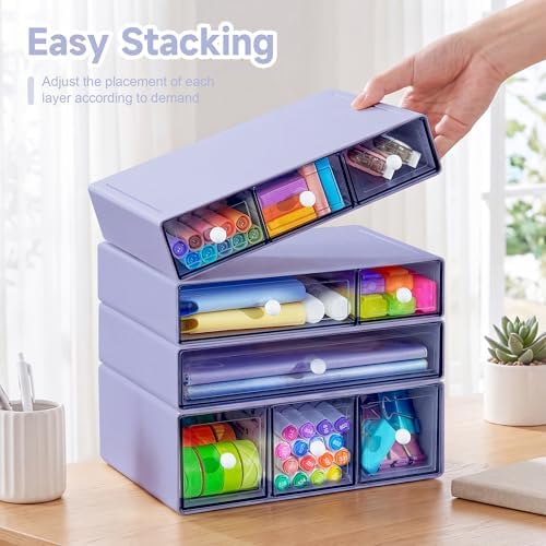 Desk Organizer with 9 Drawers, 4 Tiers Stackable Storage Drawers, Desktop Storage Box with Clear Drawers for Stationery, Makeup, Jewelry, Office and Craft Supplies (Purple) - Image 2