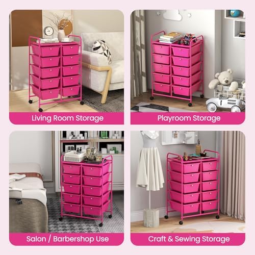 Giantex 10 Drawers Rolling Cart, Classroom Organizers, Storage Cart with Wheels, for Teacher Office Home School Supplies Tool Craft Art Paper, Hot Pink - Image 5