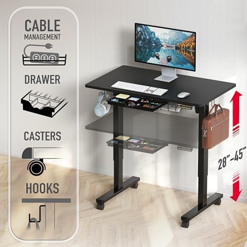 SHW 40-Inch Mobile Electric Height Adjustable Standing Desk w/Drawer, Black - Image 4