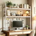 Desktop Bookshelf with Pegboard, 2-Tier Desk Hutch Storage Organizer Rack, Metal Frame & Wood Board, for 27-inch Monitor, Home Office & Dorm，White,45.3" W by lihtsofty