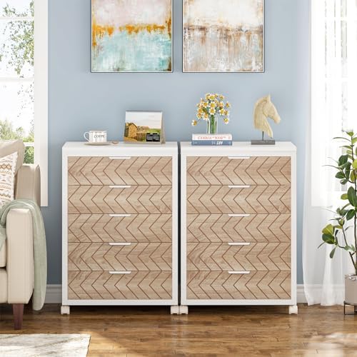 Tribesigns 5-Drawer File Cabinet, Wood Mobile Storage Unit, Beige & White - Image 3