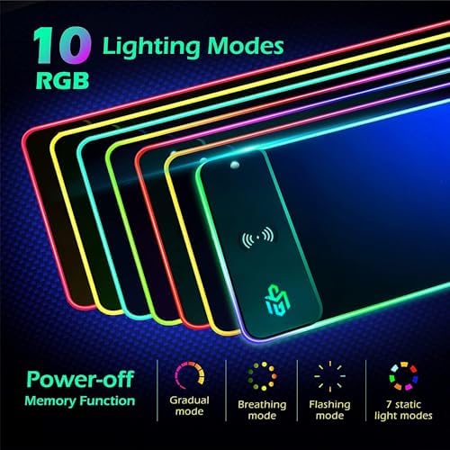 GIM Wireless Charging RGB Gaming Mouse Pad 15W, LED Mouse Mat 800x300x4MM, 10 Light Modes Extra Large Mousepad Non-Slip Rubber Base Computer Keyboard Mat for Gaming, MacBook, PC, Laptop, Desk - Image 4