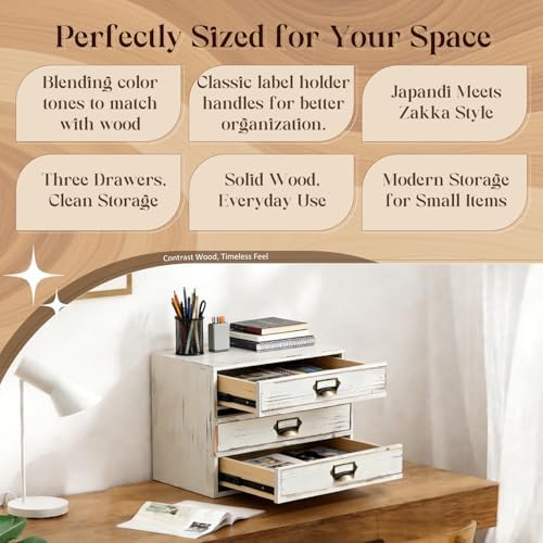 Stackable Modular Desktop Drawer Organizer, Distressed Cottage White 3-Drawer Storage Unit with Label Handles, Japandi Style Vintage Wash Timber, Expand by Adding More Units for Clutter-Free Spaces - Image 4