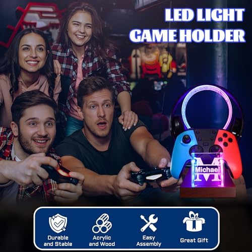 YuanDian Gamer Gifts for Teenage Boy, Desk Gaming Headset and Controller Stand with Blue Pink LED Night Light, Acrylic Wooden Controller Holder with PCB Pattern, Desk Decor Gift (Customized) - Image 5