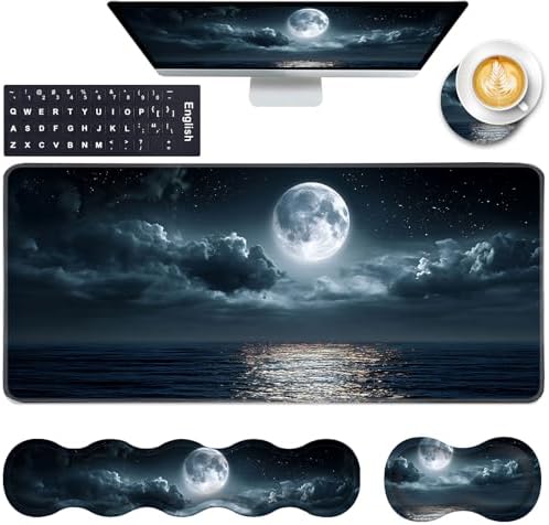 Keyboard Wrist Rest and Mouse Pad with Wrist Support Set Ergonomic Coaster,Memory Foam,Easy Typing Pain Relief,Large XL Desk Mat 31.5"x 11.8",Moon Ocean by CICPLKSE