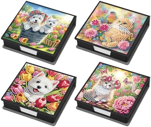 Diamond Art Painting Note Box, 4pcs Cats and Dogs PU Gem Art Storage Container with 640 Sheets, Relaxing DIY Craft Kit for Home Office Organization Birthday Anniversary by Unknown