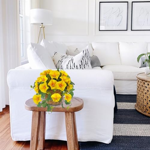 Briful 2 Pack Fake Morning Glory with Handwoven Basket - 8.2" Yellow Faux Potted Flowers Silk Floral Table Centerpiece for Home Office Room Shelf Desk Decor - Image 6